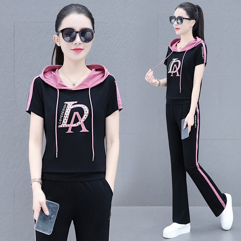运动套装女夏装时尚连帽短袖休闲服两件套洋气减龄卫衣冰丝运动服