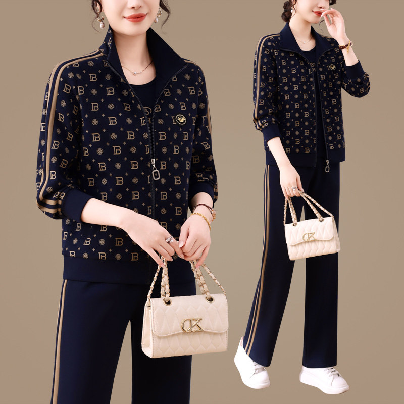 运动服套装女春秋2026新款宽松显瘦洋气中老年妈妈花色休闲三件套