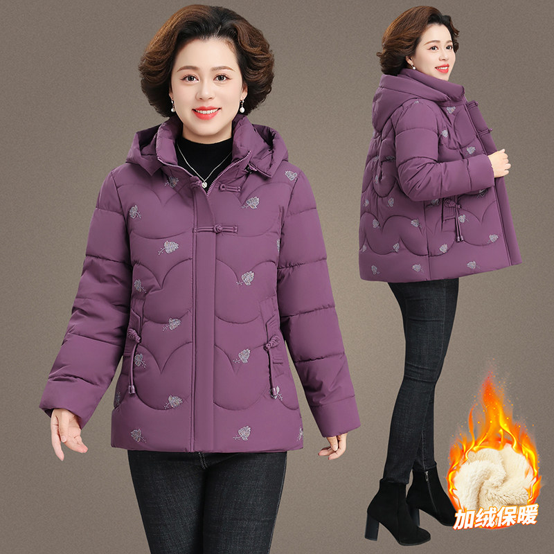 冬季中老年女加绒加厚连帽棉服