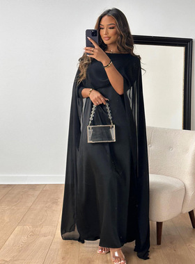 2026 women clothesL0400    欧美纯色网纱+绸缎休闲性感连衣裙