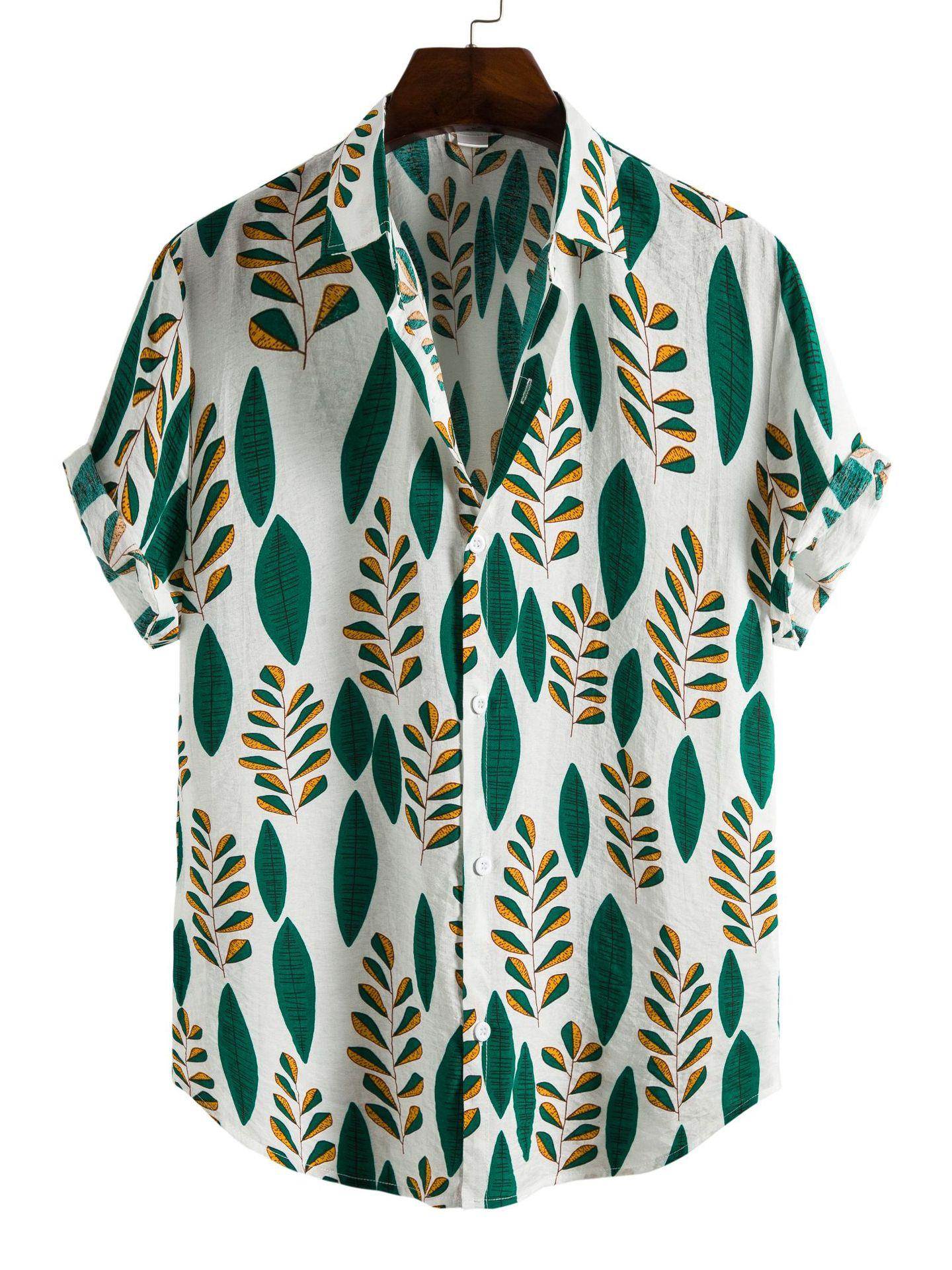 2023夏季美式外贸衬衫印花休闲男式短袖衬衣翻领上衣潮Men Shirts