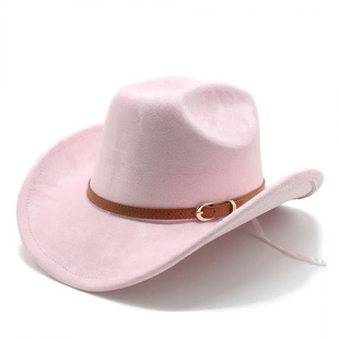 2026 women新款麂皮绒翘边一字帽顶西部牛仔帽男女士户外卷檐民族