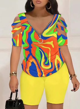 2026 women clothesL0399 欧美跨境春夏时尚定位印花短袖2件套女