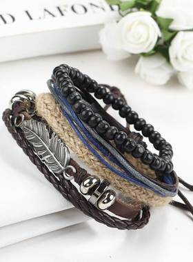 皮绳男女情侣手链复古多层手镯 couples hand catenary bracelet