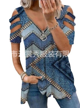 2026 women clothes欧美新款印花拉链V领T恤套头短袖宽松型女式T