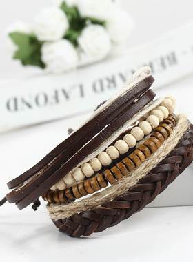 couples hand catenary bracelet men 皮绳木珠多层男女情侣手链