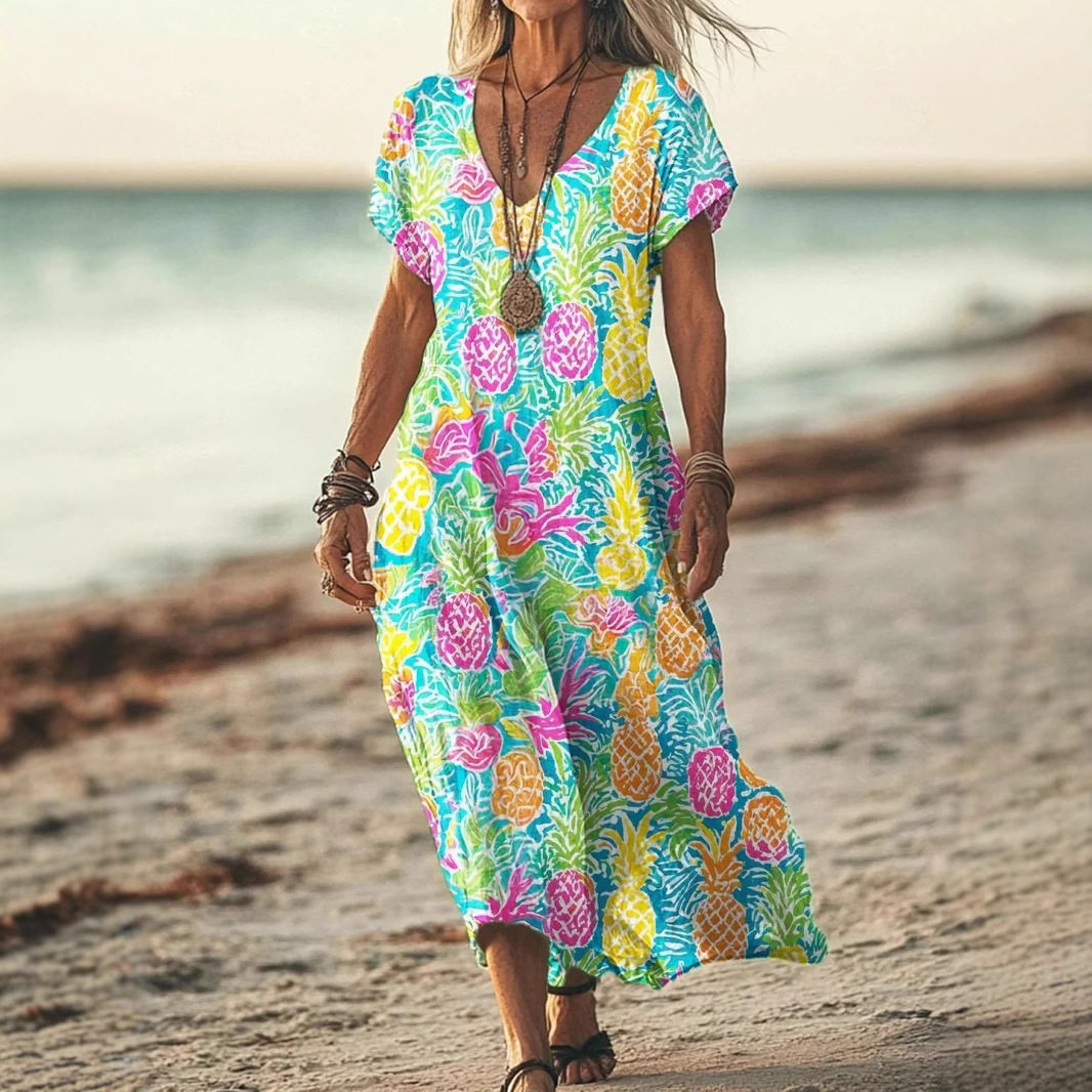 2026 women clothes新款夏季跨境新款连袖复古梭子印花连衣裙V领