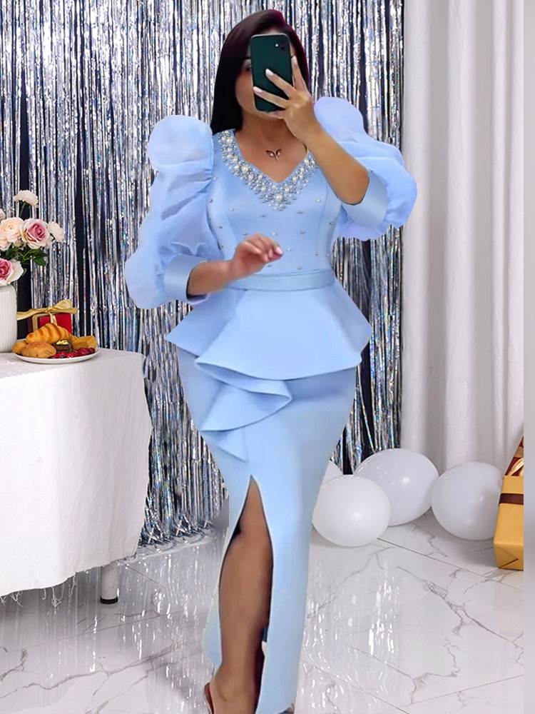 欧美大码方领钉珠连衣裙优雅宴会礼服一步裙 Evening Party Dress
