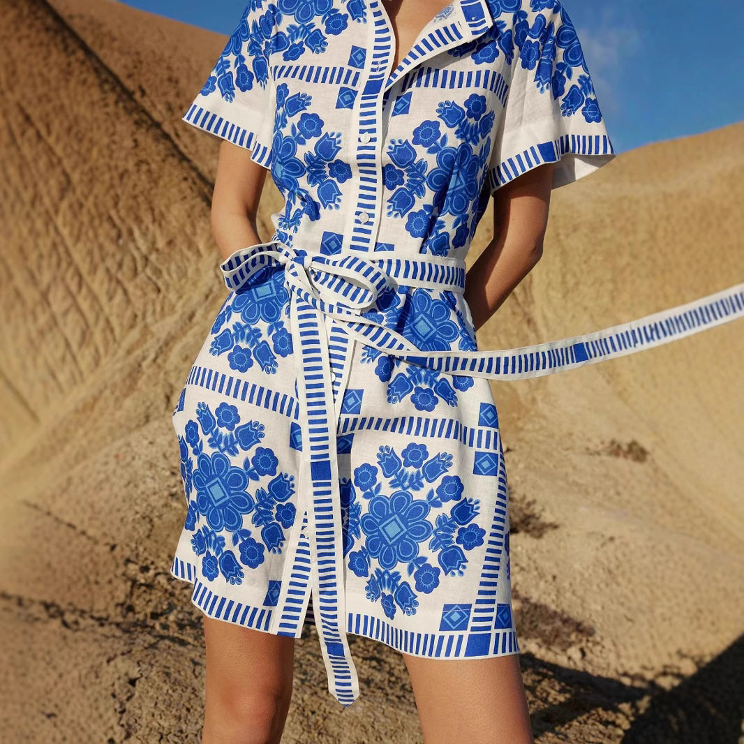 2026 women clothes现货25年夏款跨境贸易休闲女装时尚印花绑带连