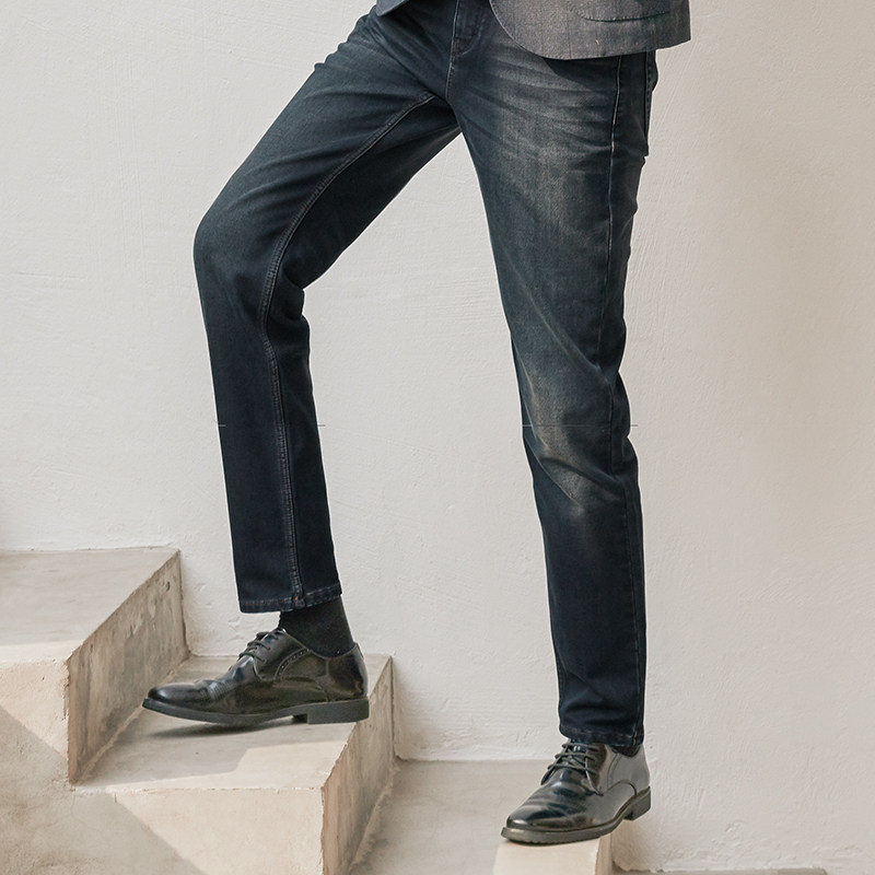 cottonsmith棉花史密斯咖啡碳保暖抓绒牛仔裤男春秋款宽松修身潮