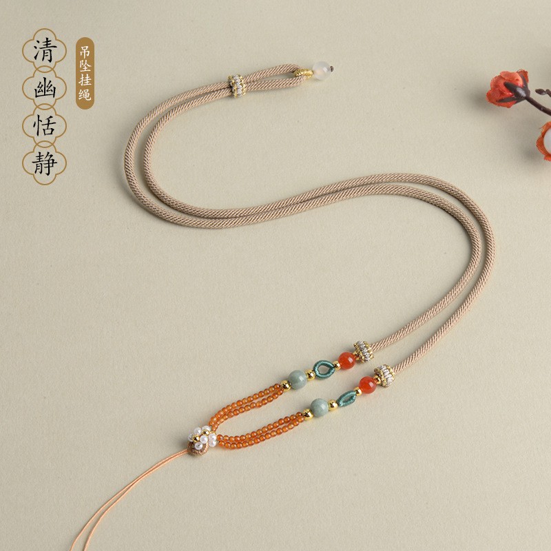DIY手工编织翡翠玉石圆珠珠链吊坠挂件可调节穿搭玉佩玛瑙项链绳