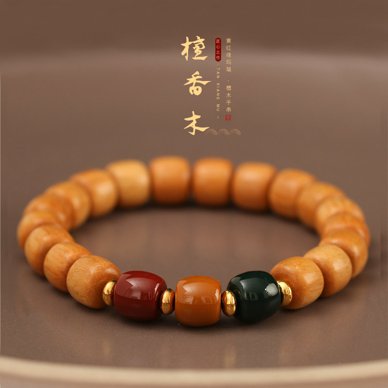 男女檀香木三色玛瑙手串
