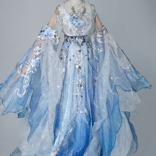 羽毛披帛整套 超仙诃子裙套装 素雪青竹女雀灵蓝重工刺绣大袖 衫