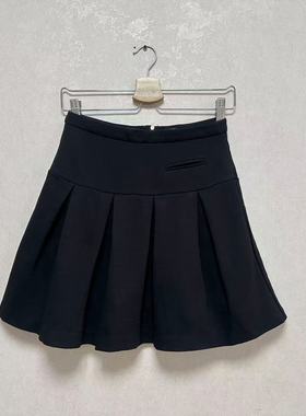 出口美国BASEMENT BASIC黑色拉链假口袋百褶裙小码腰围可调半身裙