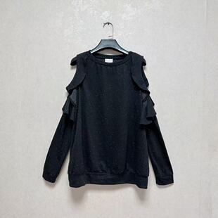 套头休闲个性 卫衣露臂 l女露肩荷叶边毛圈棉长袖 外贸出口美国isab