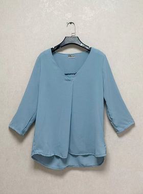 外贸出口欧洲BELOVED女浅蓝色七分袖气质宽松套头雪纺衬衣