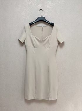 外贸出口俄罗斯befree女方领短袖螺纹修身包臀连衣裙气质短裙