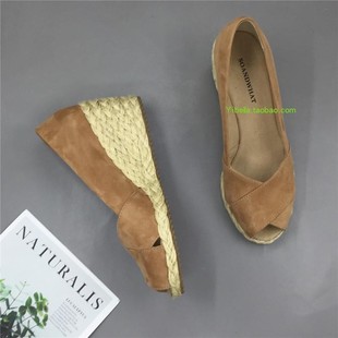 女凉鞋 2021夏季 鱼嘴坡跟套脚渔夫鞋 休闲真皮面浅口草编麻底鞋 新款