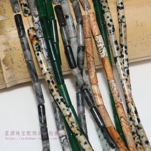 4*13mm天然斑点石图画地图圆管珠 马兰玉毕加索圆柱小管子diy配件