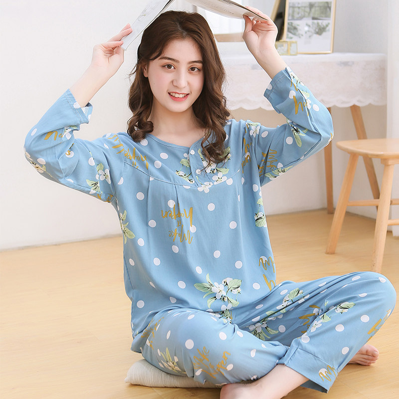 夏季棉绸睡衣女士绵绸睡衣长袖长裤套装休闲薄款甜美家居服人造棉