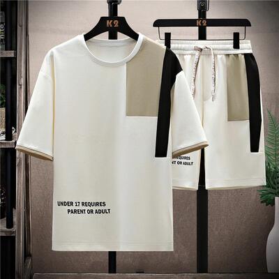 夏季男装短袖t恤短裤套装学生帅气潮流休闲T恤宽松华夫格休闲套装