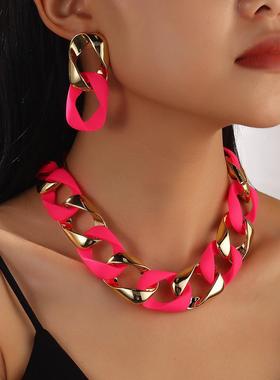 2025新潮欧美风项链女时尚绚丽荧光色CCB亚克力扭纹拼接首饰套装