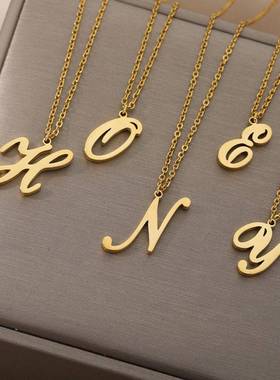 欧美风新品大写A-Z不锈钢26个英文字母项链瓜子扣18k镀真金项链