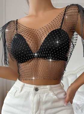 水钻性感渔网上衣欧美夏季情趣内衣网钻闪钻女装短袖背心21092