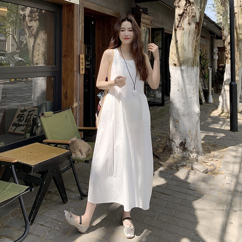 韩系简约气质白色无袖连衣裙女2025夏季新款休闲显瘦绝美背心长裙,女装连衣裙,2C136