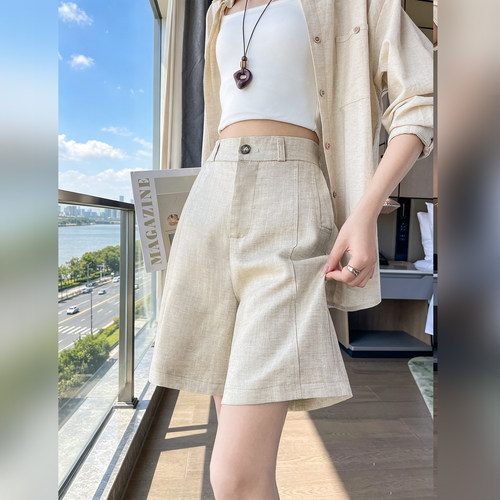 夏薄款天丝亚麻高腰阔腿显瘦短裤