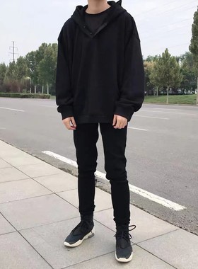 AaNn normcore亨利领宽松落肩立体剪裁连帽卫衣帽衫