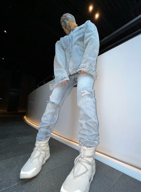 AANN NORMCORE 街头无弹流行水洗蓝色刀割刺绣破坏合身牛仔裤长裤