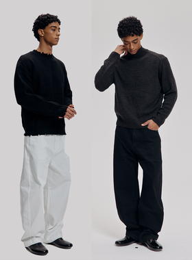 AaNn 14盎司法式弯刀剪裁黑色立体宽松廓形fit牛仔裤长裤