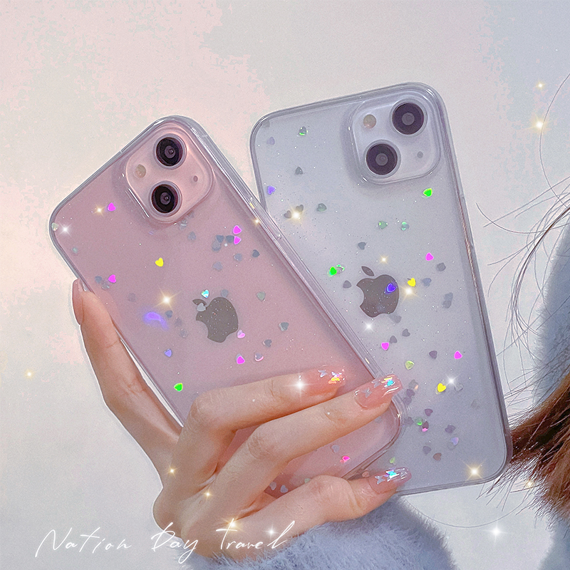 爱心闪粉透明苹果14手机壳