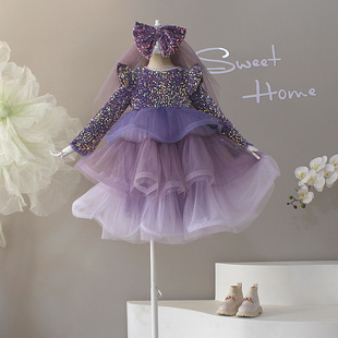 女童蛋糕连衣裙2025秋冬新款丝绒亮片宝宝高端洋气礼服公主蓬蓬裙