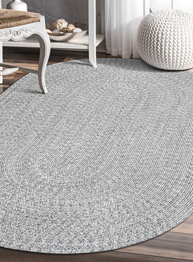 菲尔家简约日式亚麻灰色棉地毯小户型客厅椭圆形茶几垫卧室床边毯