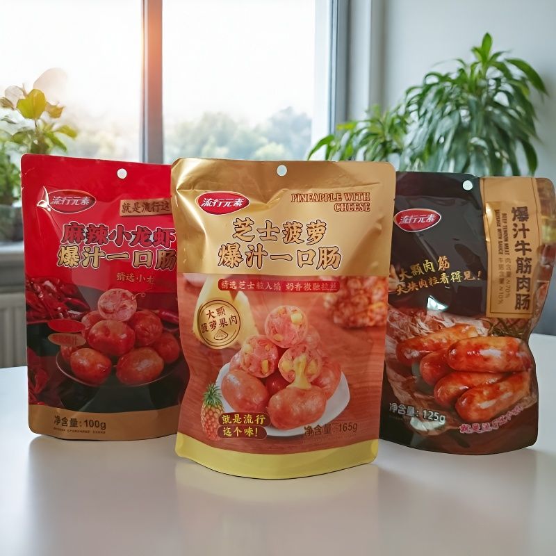 流行元素爆汁牛筋肉肠芝士菠萝芝士玉米麻辣小龙虾Q弹爆汁零食