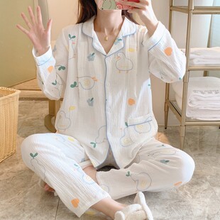 产后纯棉大码 孕妇睡衣怀孕期哺乳衣两件套 薄款 双层纱布月子服夏季