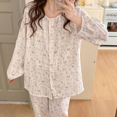 纱布月子服夏季薄款a类纯棉全棉吸汗8月份7产后哺乳孕妇睡衣春秋9