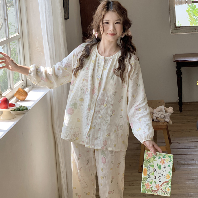 纱布月子服带胸垫夏季薄款8月份产后a类纯棉大码孕妇睡衣哺乳喂奶