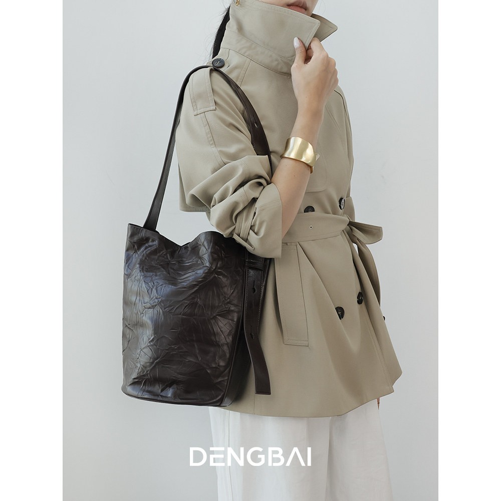登白DENGBAI  「头层牛皮手抓纹」牛皮水桶包单肩包