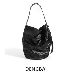 登白DENGBAI  「头层牛皮手抓纹」牛皮水桶包 单肩手提斜挎