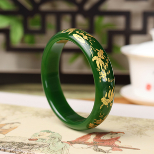 天然新疆和田玉碧玉手镯女款时尚菠菜绿玉石玉镯金玉满堂镶嵌镯子