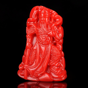 天然新疆和田玉红玉关公吊坠男霸气武财神关羽武圣关云长护身挂件