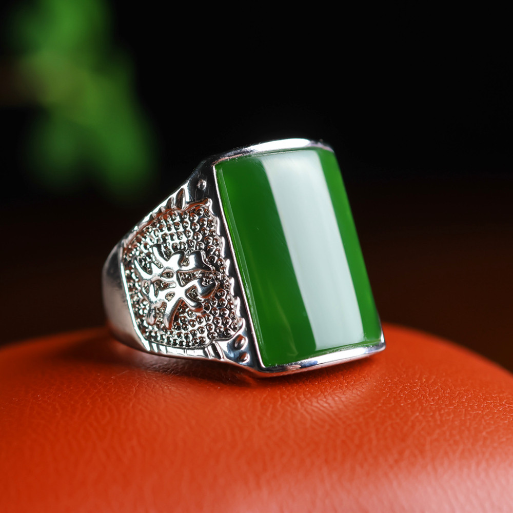 和田玉碧玉戒指镶嵌马鞍玉石戒面指环925S男款活口戒指恭喜发财