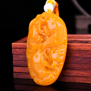 天然和田玉黄玉籽料荷花鱼手把件连年有余玉石把玩件黄龙玉挂件