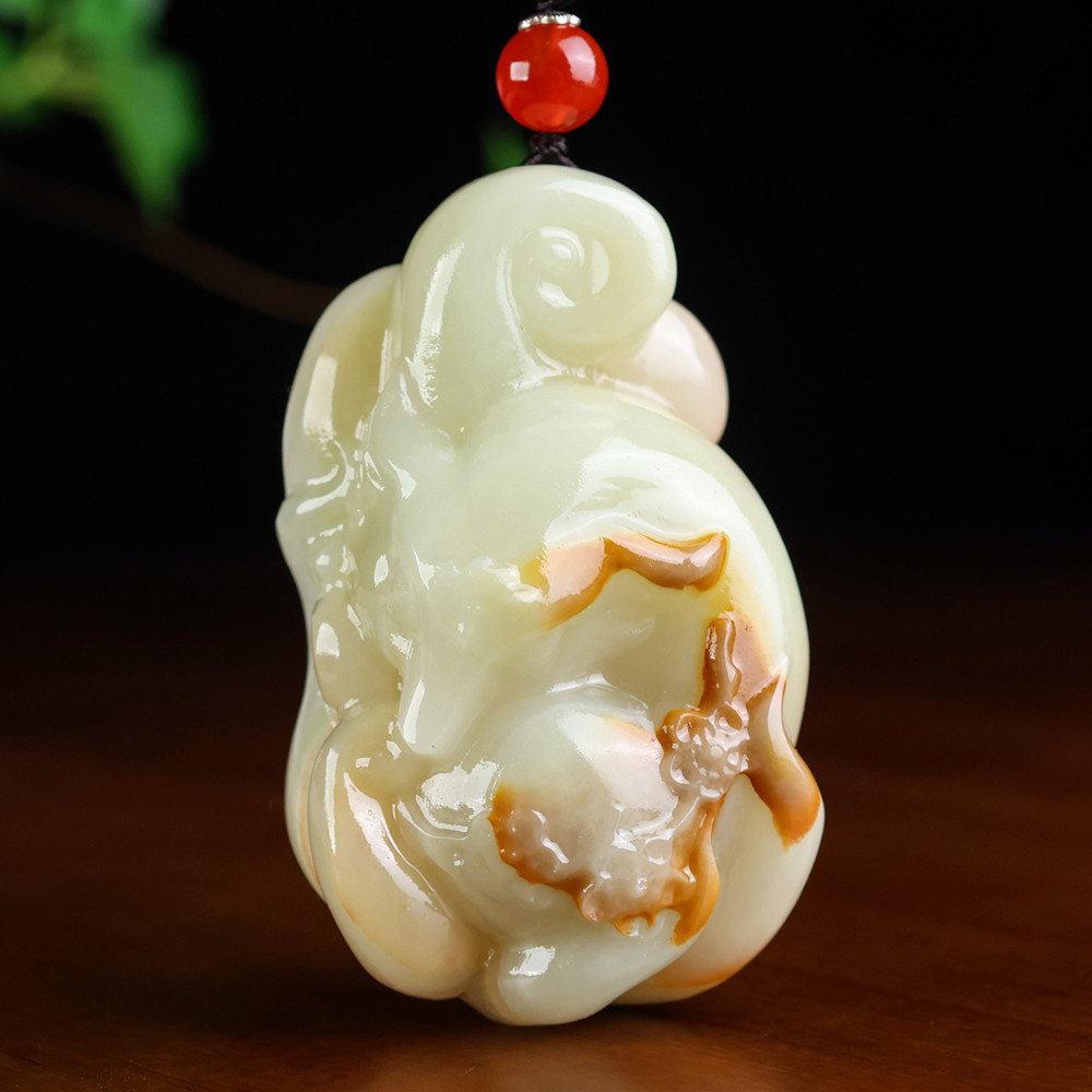 天然和田玉籽料精雕九尾狐手把件新疆玉器玉石挂件把玩件把件