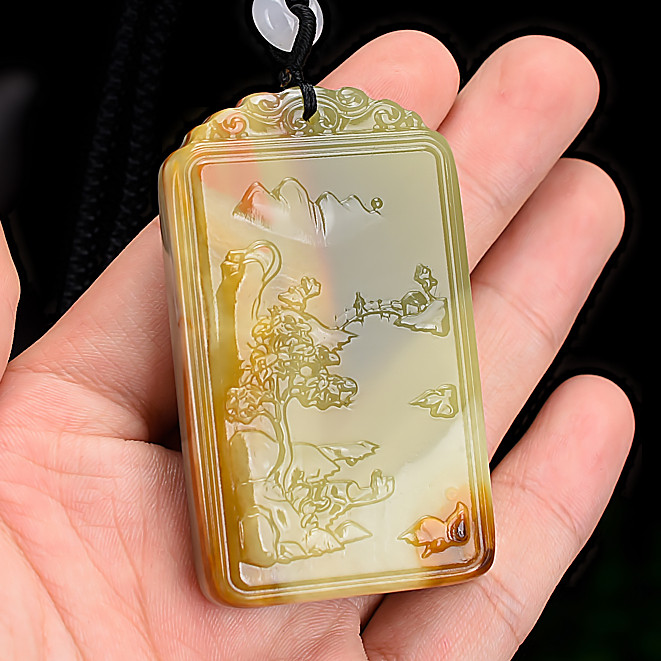 天然新疆和田玉青白玉籽料山水牌男女玉石大好河山平安牌项链挂坠