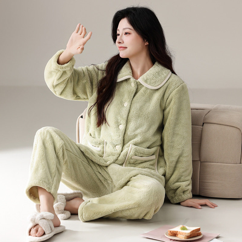绮瑞家居服女冬季珊瑚绒睡衣加绒加厚秋冬女款时尚冬款套装可外出