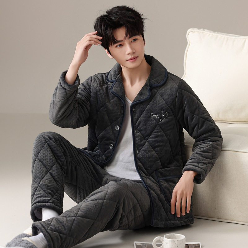绮瑞2204新款男士珊瑚绒夹棉睡衣加绒加厚秋冬季男款加大棉袄套装